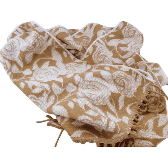 Cejon Rose Floral Tan & Cream Ultra Soft Scarf 65" x 11" Fringed Made in Italy - Picture 3 of 4